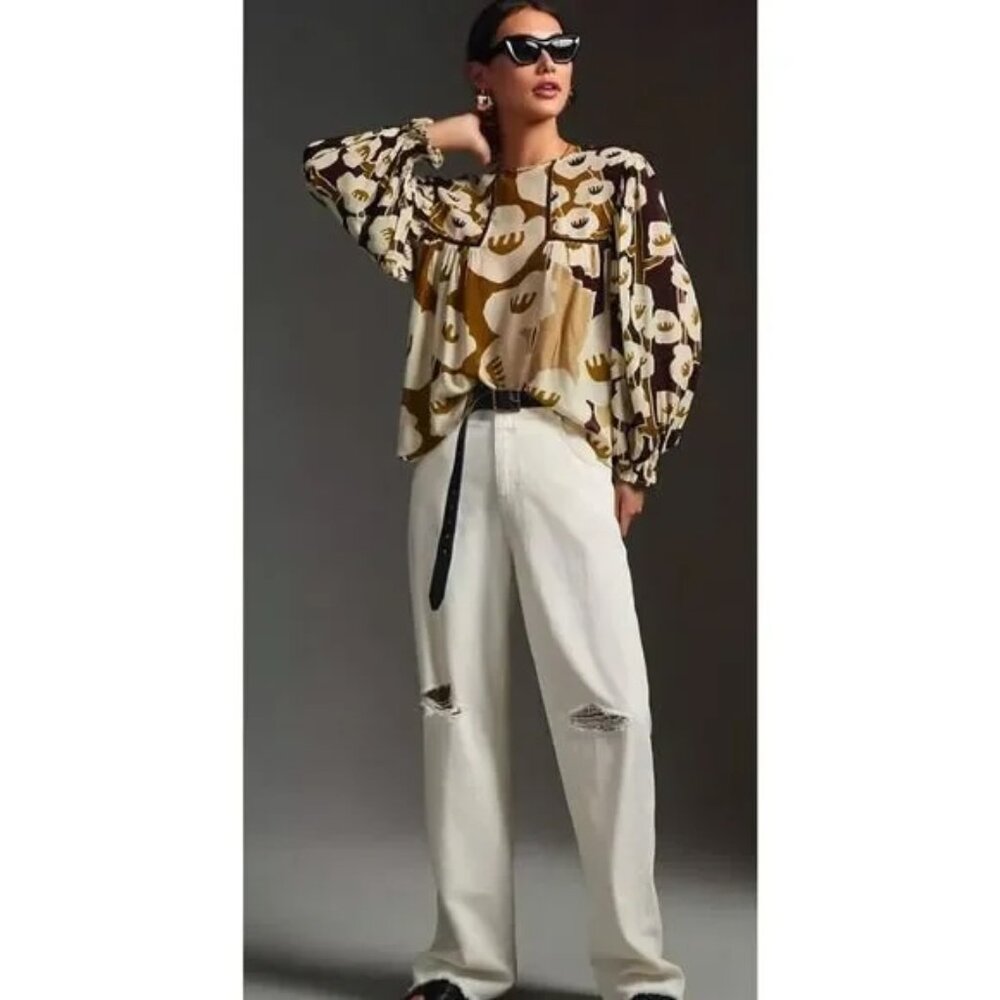 Anthropologie x BL^NK London “Miranda” Peasant Blouse Brown & Ivory Floral XS - Picture 6 of 6